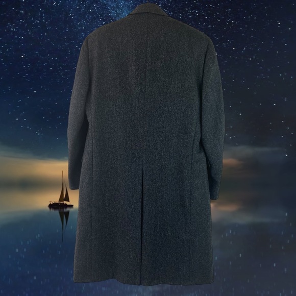 Herringbone Tweed Virgin Wool Trench Coat Black and Gray 44R - Picture 9 of 16